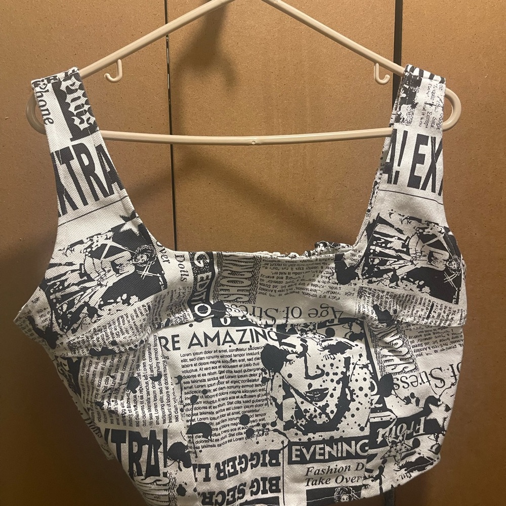 Black and White Newspaper Print Crop Top